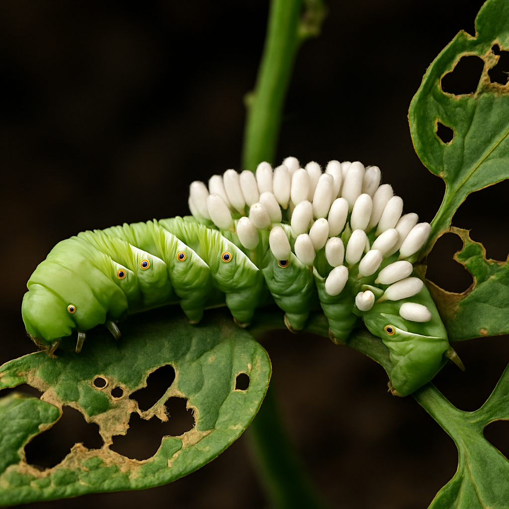 What Happens to a Tomato Hornworm With Parasitic Wasp Eggs on Its Back and Leaf Damage?